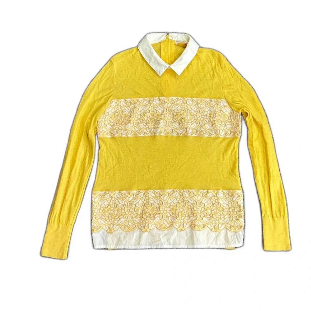 Tory Burch Womens Yellow Merino Wool Embroidered White Collared LS Sweater Sz M